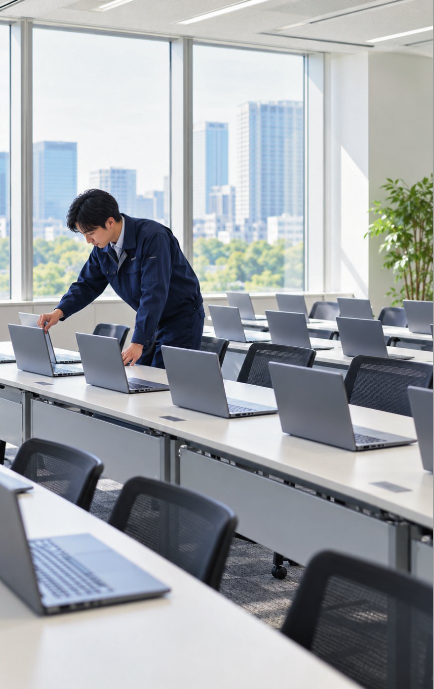 研修会場に並べたレンタル用ノートパソコンを準備するスタッフ