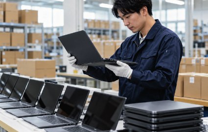 倉庫で整備済みのノートパソコンを確認するスタッフ